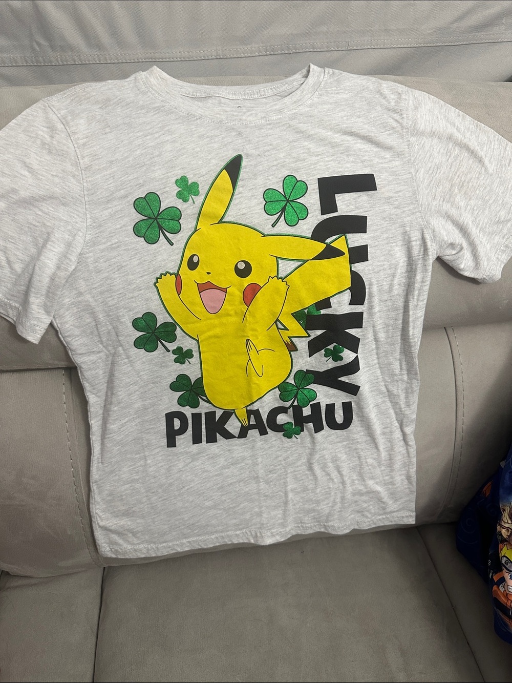 Pokemon Kids White Gray Pikachu Lucky Short Sleeve Tee